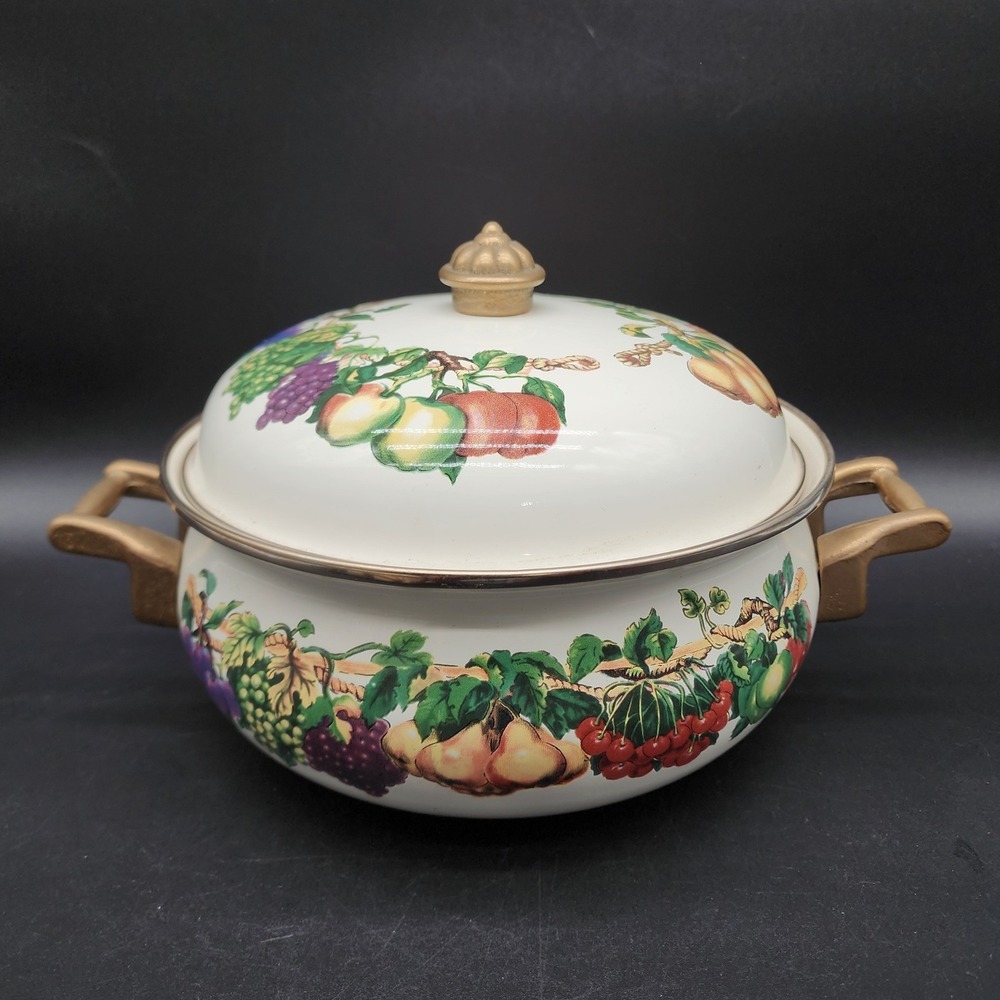 Tabletops Unlimited 2qt White Fruit Enamel Dutch Oven Pot Lid Vitroceramic Retro